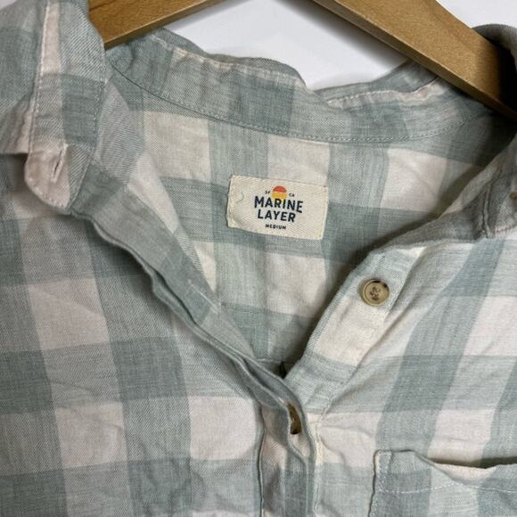 Marine Layer Buffalo Check Light Blue Button Down Blouse Shirt Size Medium - Picture 2 of 5